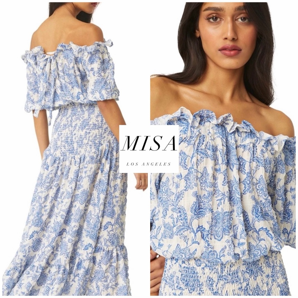 Like New - MISA Paola Smocked Off-Shoulder Blue Floral Dress (L)